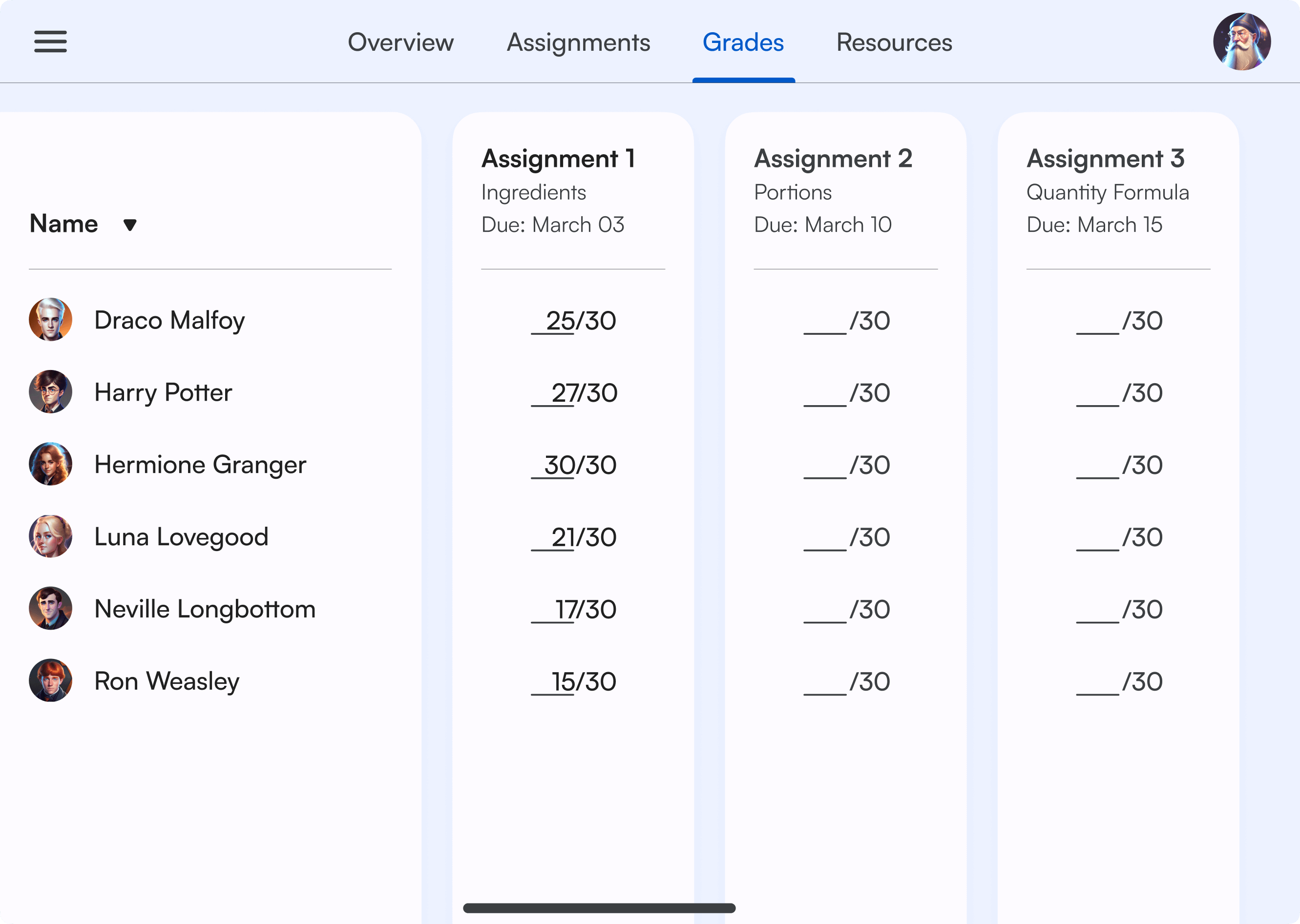 Grades Desktop screen